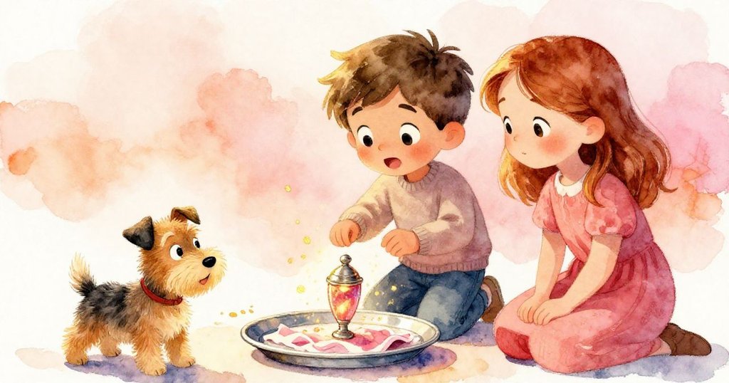 昆恩、伊芙與獵犬共享歡愉時刻,圓盤上神秘震鼓輕奏樂音,室內暖光中透出驚喜與和諧氛圍。