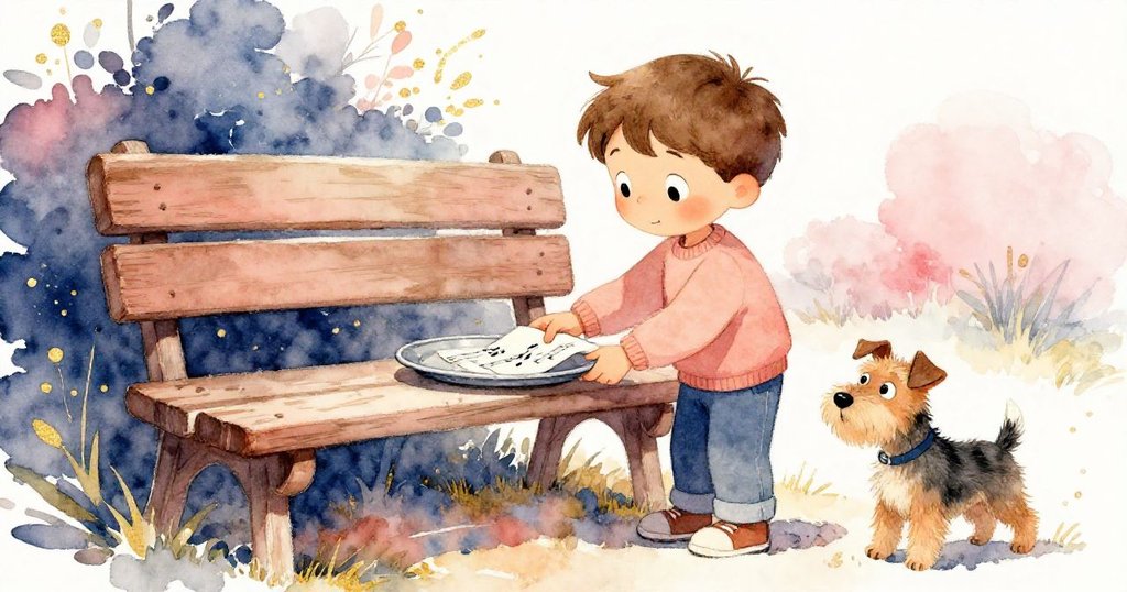 昆恩小心將圓盤放回雪松長椅上,隱藏樂器輕聲震鳴,獵犬靜靜守候,暗示故事續章未完。