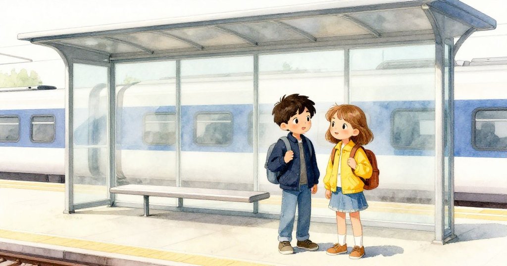 福雷斯特和葛瑞塔在現代火車候車室安靜等待，表情平靜，背景呈現陽光和藍天的城市氛圍