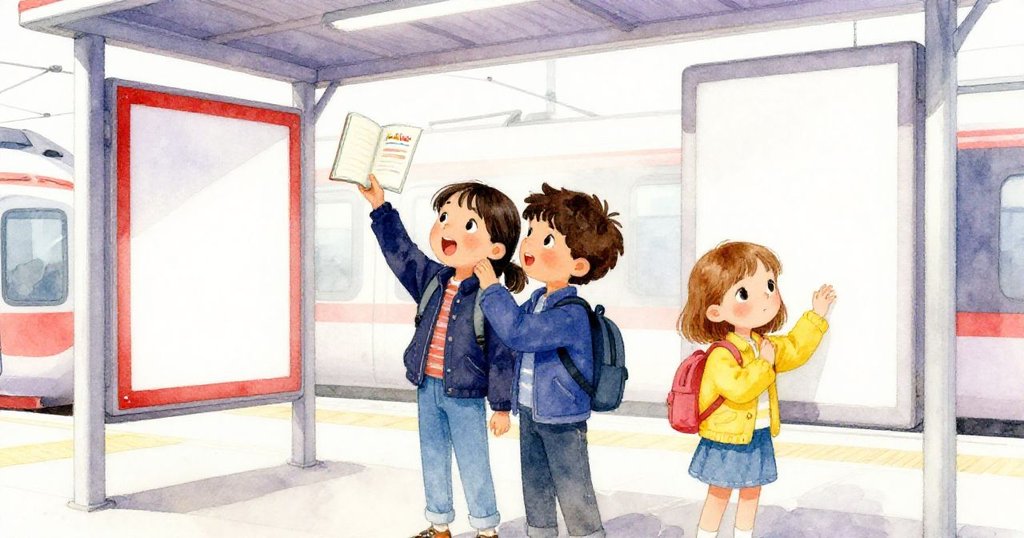 葛瑞塔高舉旅行日誌拍照，福雷斯特小心站穩，畫面中展示候車室物品的移動，充滿溫暖的現代感