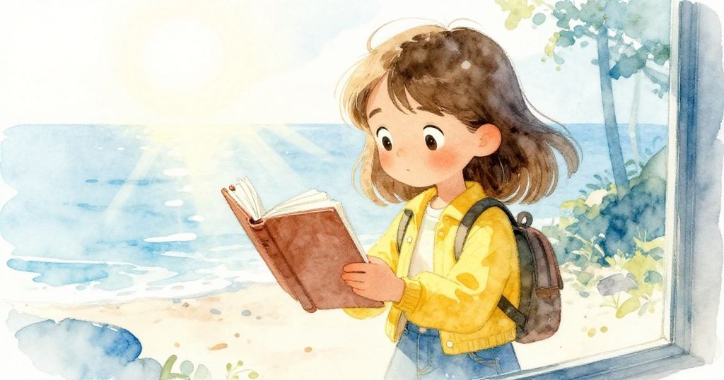 透過玻璃看見葛瑞塔專注翻閱旅行日誌，面帶柔和笑容，背景結合陽光和藍天，充滿希望與回憶