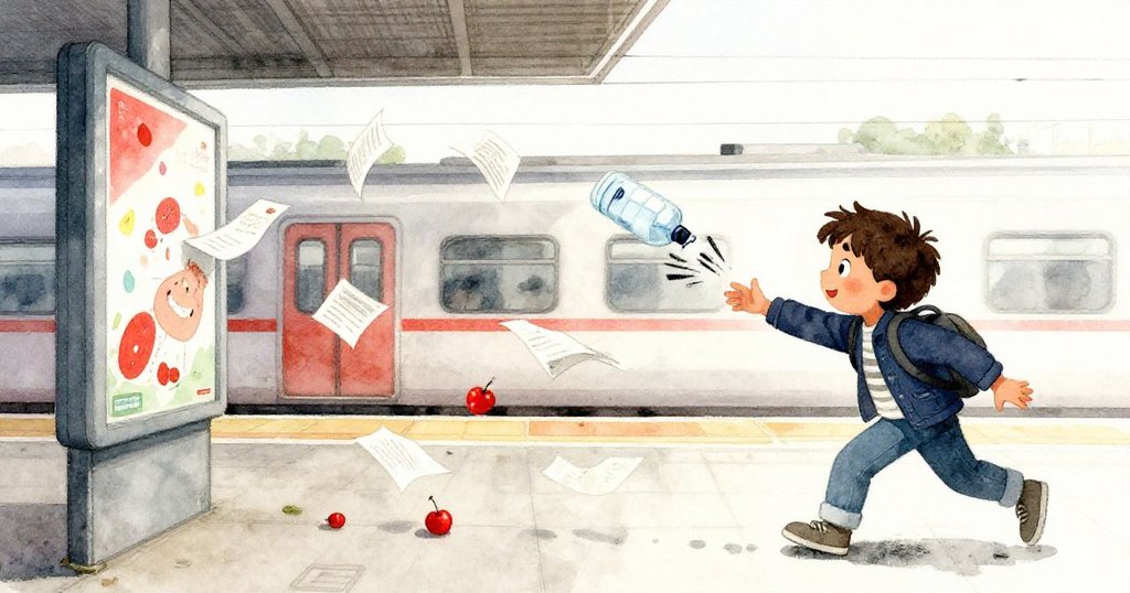 福雷斯特急忙伸手接滾動的水瓶，旁邊日報被廣告板碰散，畫面充滿動感與現代城市節奏