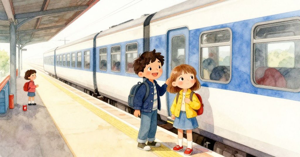 福雷斯特與葛瑞塔帶著釋然微笑登上火車，背景有清潔工和玩耍的孩子，畫面展現新起點的溫暖與希望