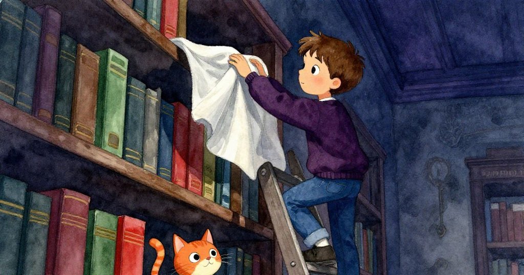 賈斯珀站在圖書館裡的梯子上,輕撥懸掛書套,橘色貓咪好奇凝視,光影溫暖且畫面微傾營造神秘氣氛。