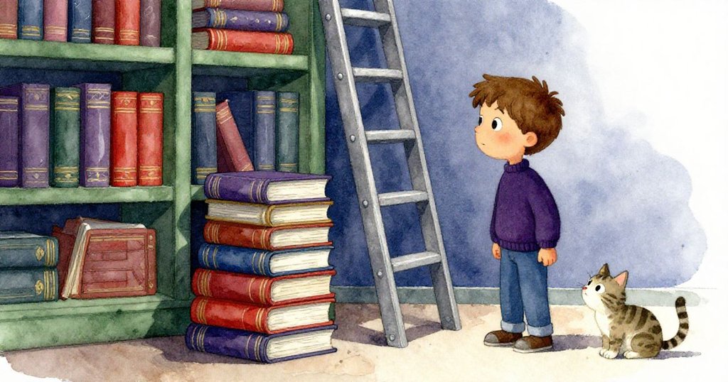 賈斯珀注視著搖晃的地圖冊與整齊書架間的不穩場景,梯子發出吱響,橘貓警覺守望,氛圍隱藏著微妙緊張感。