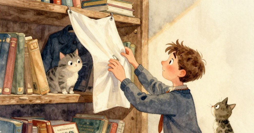 從賈斯珀視角看見一書翻開露出精緻青蛙變態圖,地毯細節清晰,他臉上流露出驚奇與好奇。