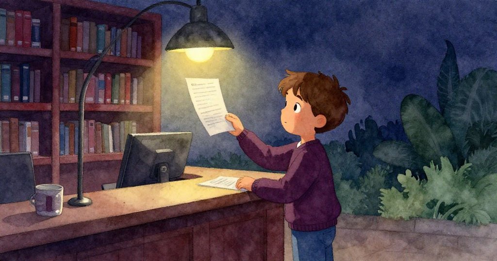 賈斯珀低頭仔細查看桌上飄落紙條,發現查詢編號錯誤,燈光柔和帶出往昔回憶,情緒充滿反思。