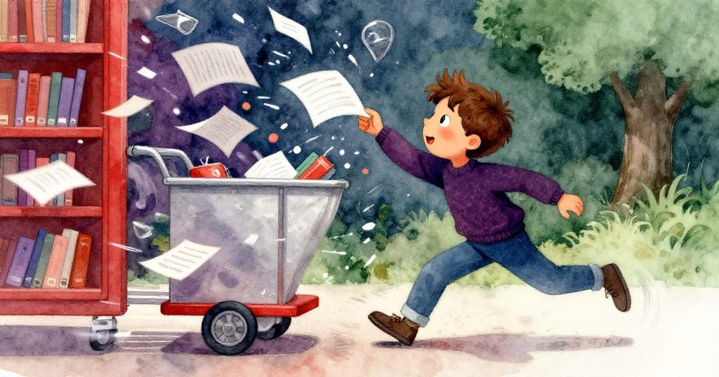 賈斯珀迅速衝向滾動書推車,用力抓住飛揚書頁,書本亂飛映出緊張急促動作,表情堅定充滿活力。