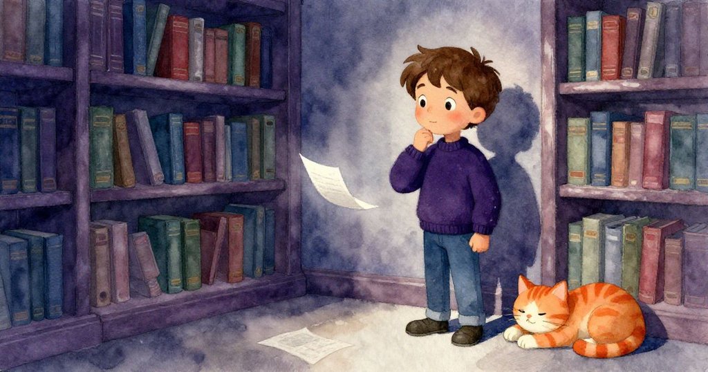 賈斯珀靜立於圖書館角落,手上輕觸飄落紙頁,橘貓靜臥旁邊,燈光柔和留白未定未來可能。