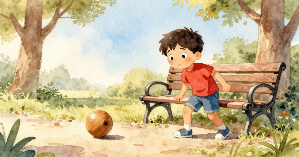 班在歪斜角畫面中於公園長椅旁驚訝注視滾動木陀螺,晨光溫暖照耀,環境生動活潑。