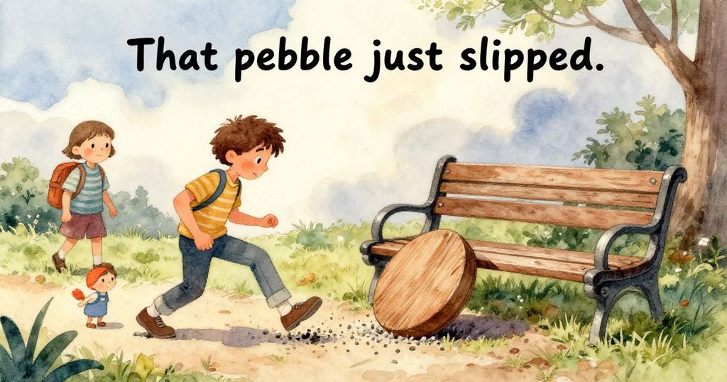 班注目下滑水瓶在晨光中引起其他物品連鎖反應,公園環境清新明亮,細節生動展現動感。