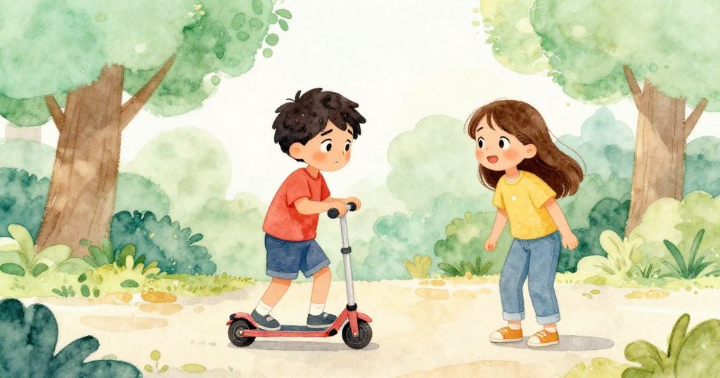 娜迪亞迅速踩住滑板輪阻止旋轉,班滿懷鬆弛注視,公園場景溫馨平靜展現故事完結。