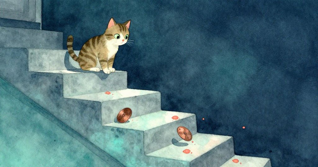 樓梯上半陰光中,條紋貓伏在第三階台階上,銅色圓盤輕微顫動,氣氛神秘而靜謐。