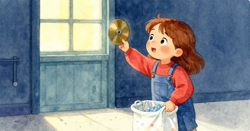 露比帶著濕衣籃出現在樓梯口,面帶堅定,準備俯身拾起晃動的銅盤,室內光線溫暖而柔和。