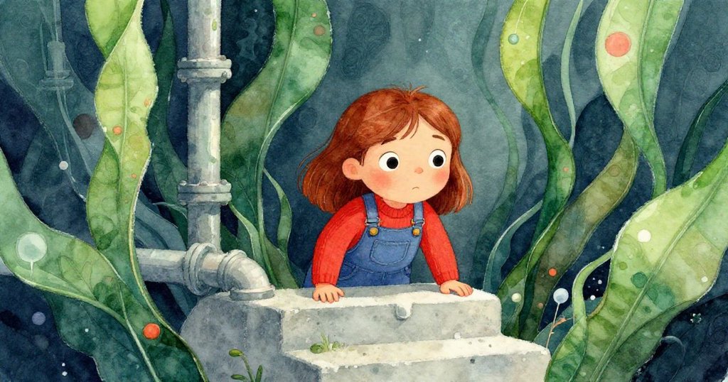 露比單膝靠在冰冷階梯上,背景水管與牆面形成奇異幾何,室內光影冷淡而錯落。