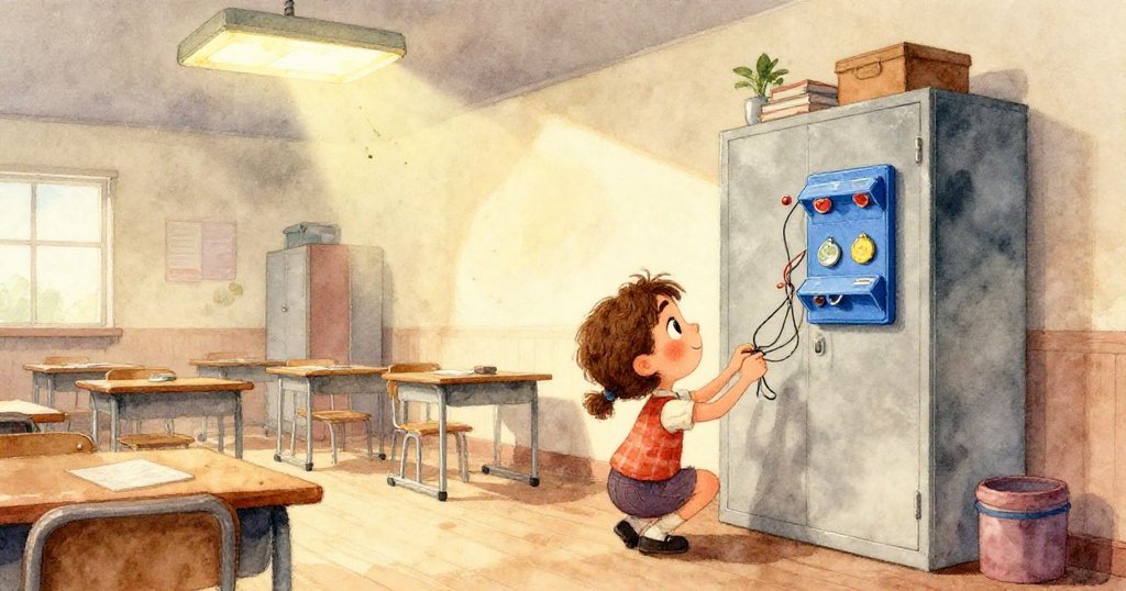 桌上海報筒在傾斜角度下隨麻雀輕掃而滾動，水瓶傾斜，展現學習環境中意外動態。