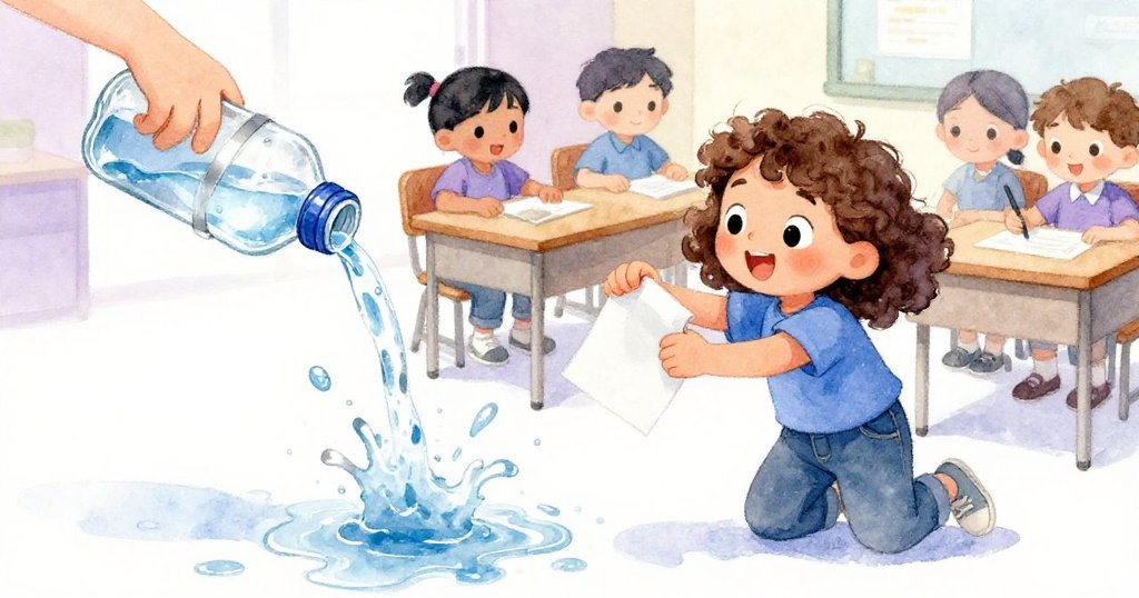 水瓶翻倒瞬間，透明水流如銀色絲帶飛散，科拉急速夾入筆記本控制局面，動態感十足。