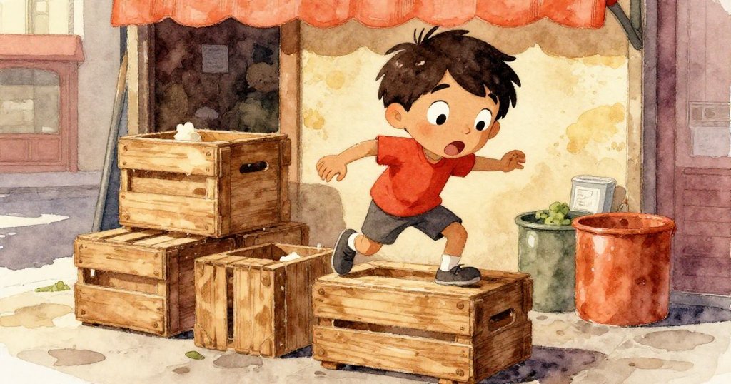 Oscar站在堆疊的木箱上時因濕滑木板而失足,臉上露出驚訝神情,背景為藍灰鵝卵石與古色攤位。