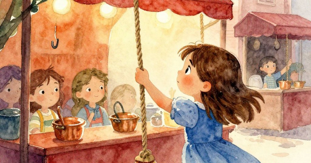 Rosa從背後展現決心,伸手抓住搖曳的繩索,穩住懸掛藍色橫幅,攤位上的鋼架與木質細節在暖光中呈現。