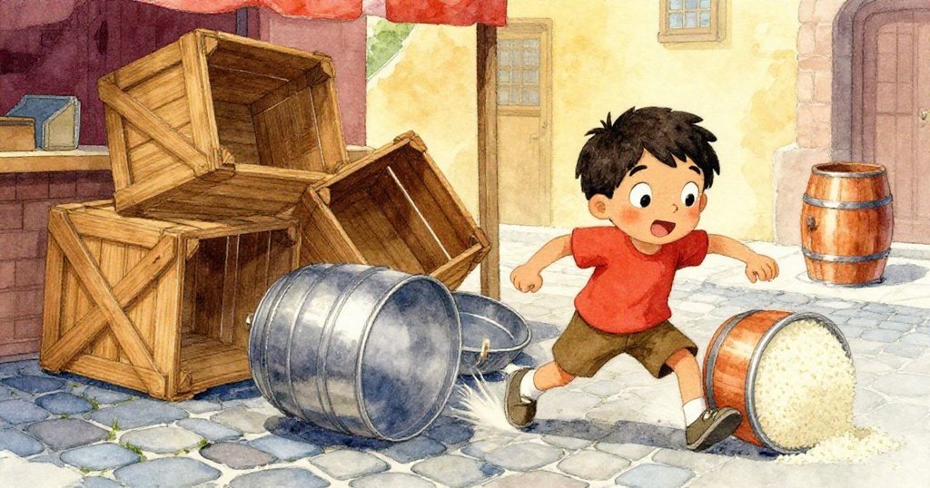 Oscar的動作使木箱傾倒進入米桶,引發托盤連鎖碰撞,藍灰鵝卵石與暖色調攤位展現動態混亂。