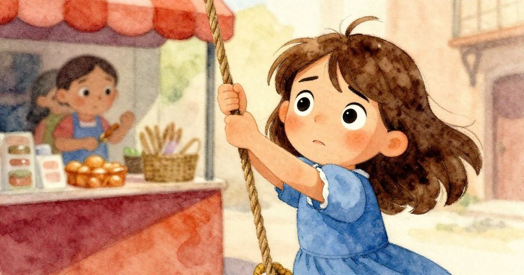 Rosa迅速衝向垂下的繩索,穩住搖擺橫幅,臉上表露出鬥志與安心,背景模糊中顯示攤位動態。