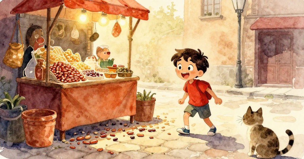 Oscar滿臉喜悅踏下木箱,豆子在地上散落飛舞,一隻好奇貓咪觀望,古老攤位恢復秩序與溫馨氛圍。