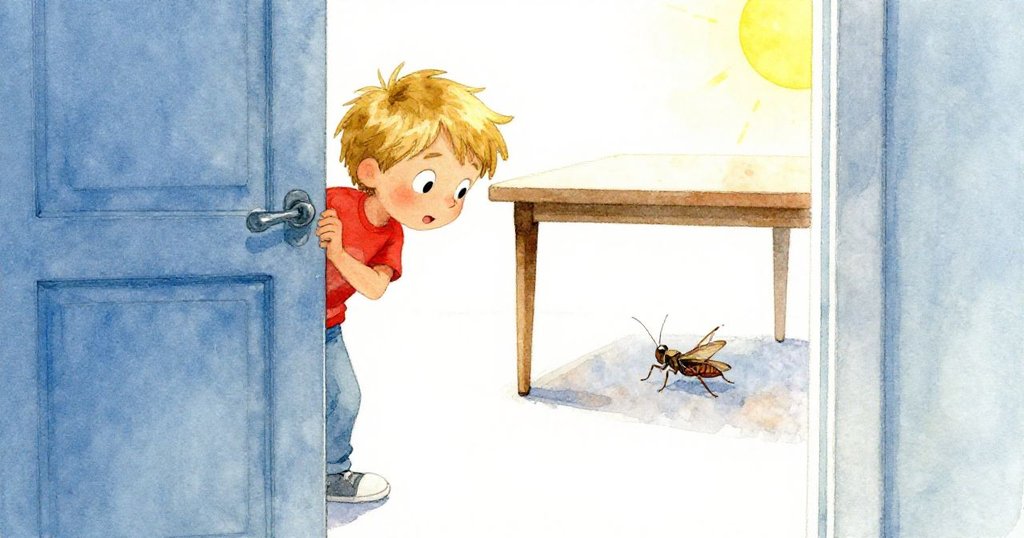 Eli從半掩門縫中偷偷觀察跳動的小蟋蟀,臉上充滿好奇,桌腿間充滿神秘與活力。