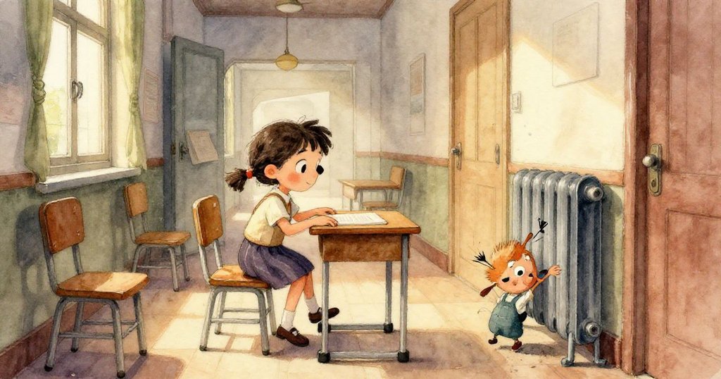 教室全景呈現,玩具車藏在櫥櫃後,蟋蟀微鳴,物品排列有序,營造出結局中靜謐而溫暖的氛圍。