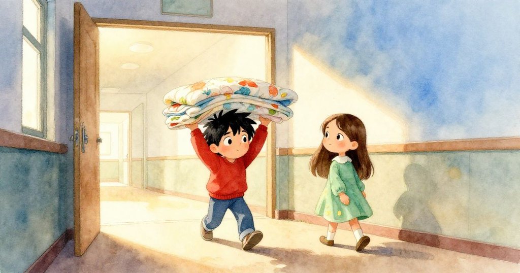 布拉姆肩背彩色被子與琪拉並肩走在校走廊，光影交錯，兩人神情堅定，展開冒險開端情景