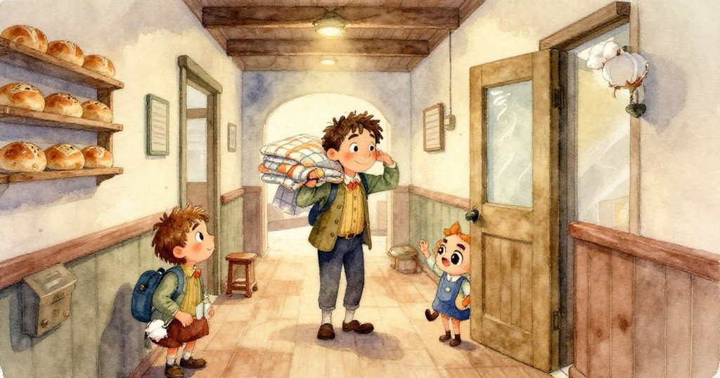 放大鏡般展示彩織被細密拼接紋理，色彩溫暖柔和，展現被子故事起始時精心製作的細節