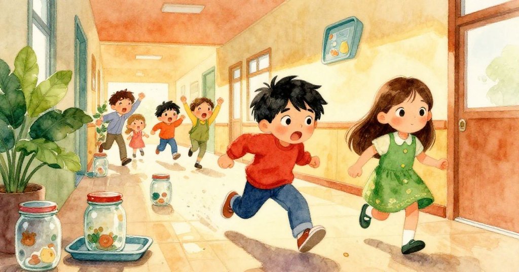 走廊中玻璃瓶碰撞下滑連鎖反應，布拉姆與琪拉急切應對，色調溫暖中透出季節流轉的動感情景