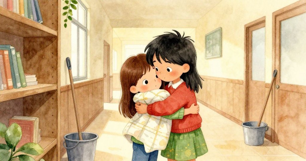 琪拉懷抱著被子、布拉姆穩固水桶於架下，兩人面帶釋然微笑，走廊恢復寧靜溫馨收尾