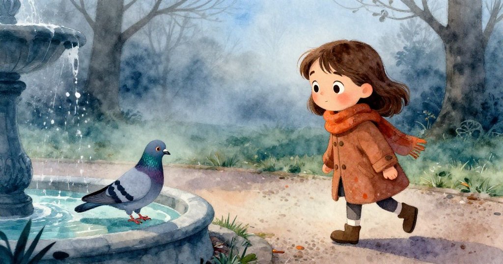 克拉拉步出鵝卵石小徑,藍灰鴿子在濕潤噴泉邊踱步,晨霧輕繞,充滿好奇與平靜之情。