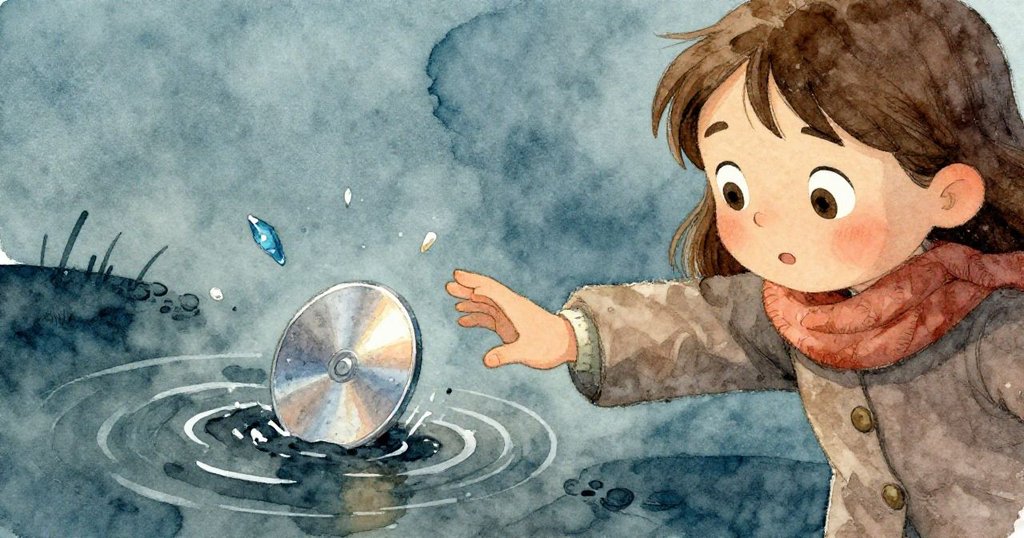 克拉拉蹲下伸手觸摸閃著藍光碎片的金屬徽章,濕泥水面映照晨光,充滿驚奇與溫柔。