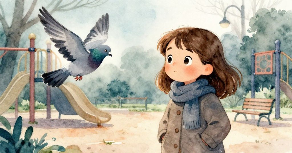 克拉拉手插外套口袋凝視藍灰鴿飛向遊樂場邊,神情好奇,背景霧氣與移動光影相伴。