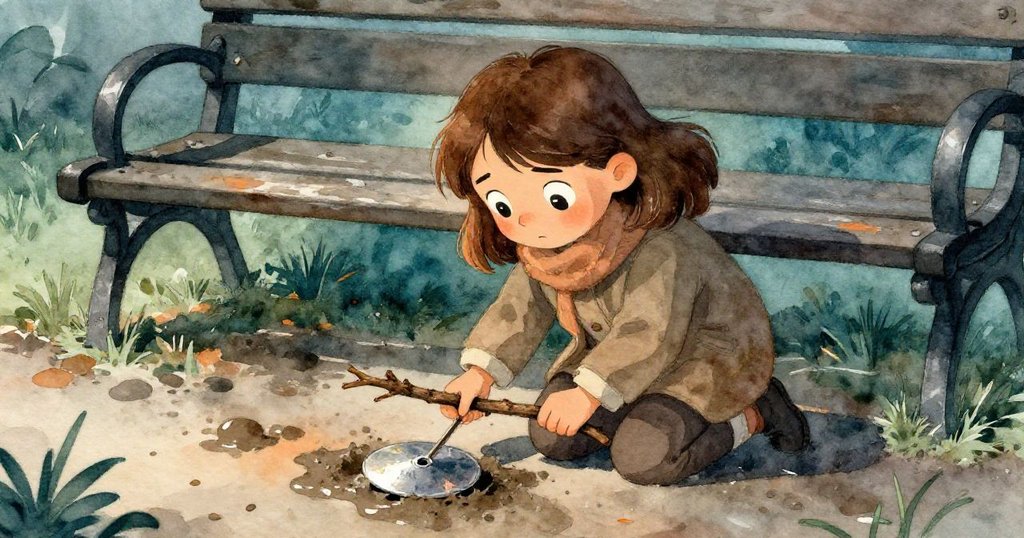 克拉拉蹲於公園長椅下,細心運用細枝撬起藏於泥中的閃光徽章,神情專注,周圍有枯葉和水痕。