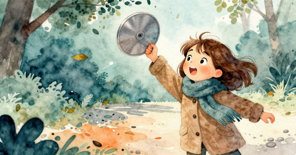 風起葉飛,克拉拉迅速以圍巾巧妙撥動閃亮徽章,動態場景中充滿活力與驚喜,地面散落著砂礫。