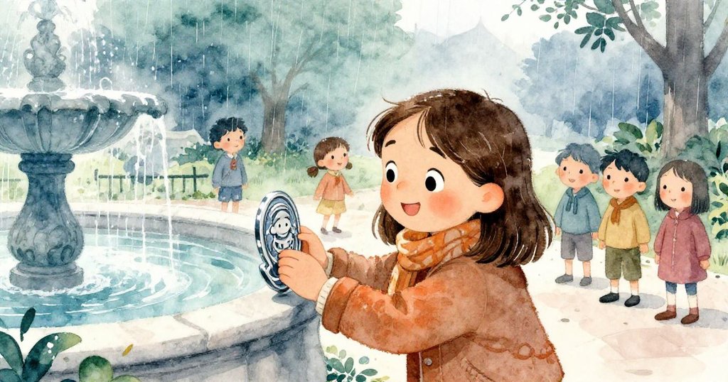 克拉拉滿足微笑著將閃亮徽章放置於噴泉牆邊,背景中孩童充滿好奇,細雨輕灑,步向全新開始。