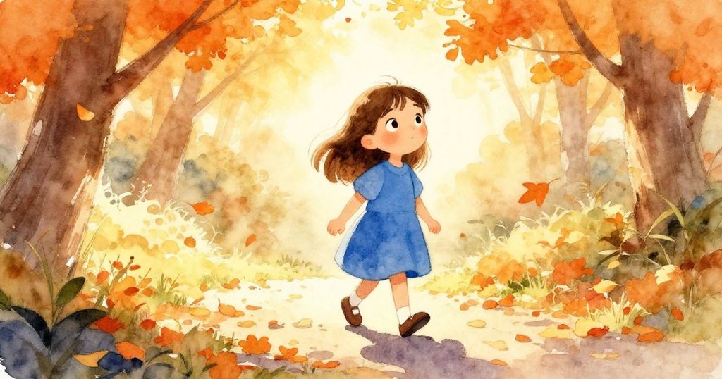 海茜沿著鋪滿乾葉的小徑行走，背光下輪廓分明，陽光明亮，展現秋日溫暖與期待。