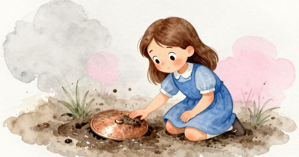 海茜蹲下輕撫泥土中的青銅圓盤，感受歷史痕跡，神情充滿好奇與溫柔探索。