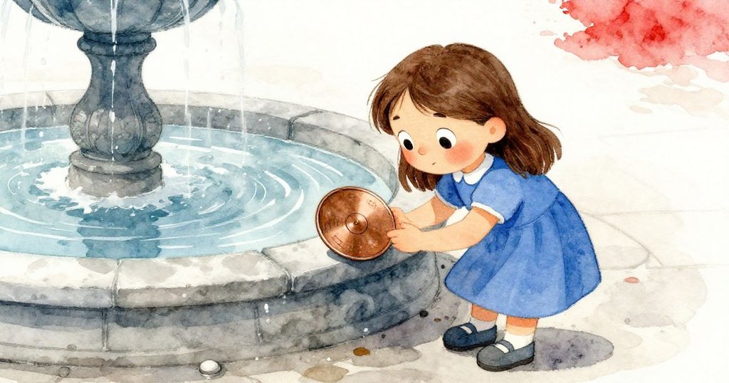 海茜在噴泉邊仔細觀察青銅圓盤，水面如鏡映出隱約色彩，她神情驚奇而溫柔。