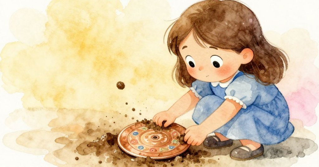 海茜專注地刮除圓盤上的泥土，露出微妙彩色圖案，臉上流露出堅定與期待的光芒。