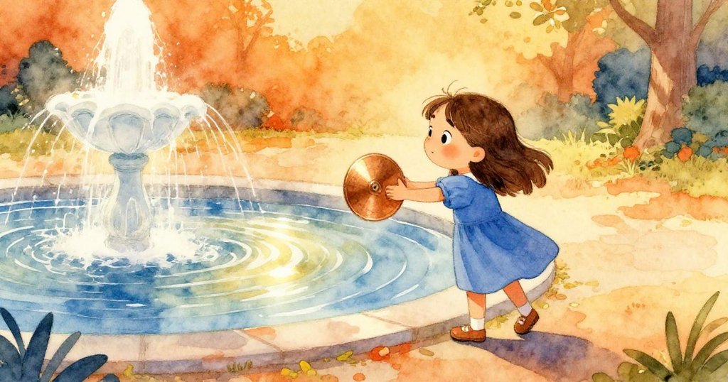 海茜站於廣闊噴泉邊，將閃亮圓盤轉向清澈流水，蒼茫自然中流露出無限希望與滿足。