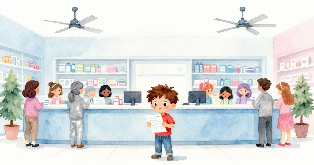 Hugo站在藍白色藥局大廳中,手持半填表格,與其他訪客同時等待,臉上表現出好奇與期待,背景充滿溫暖光線。