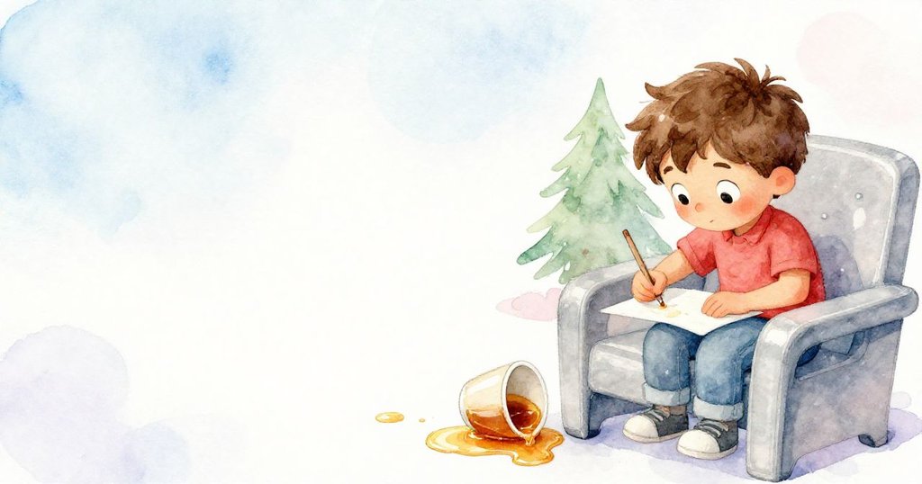 Hugo稍微離開人群,專心填寫保險表格,旁邊的拿鐵杯傾斜溢出金色液體,空白背景突顯出意外情景。