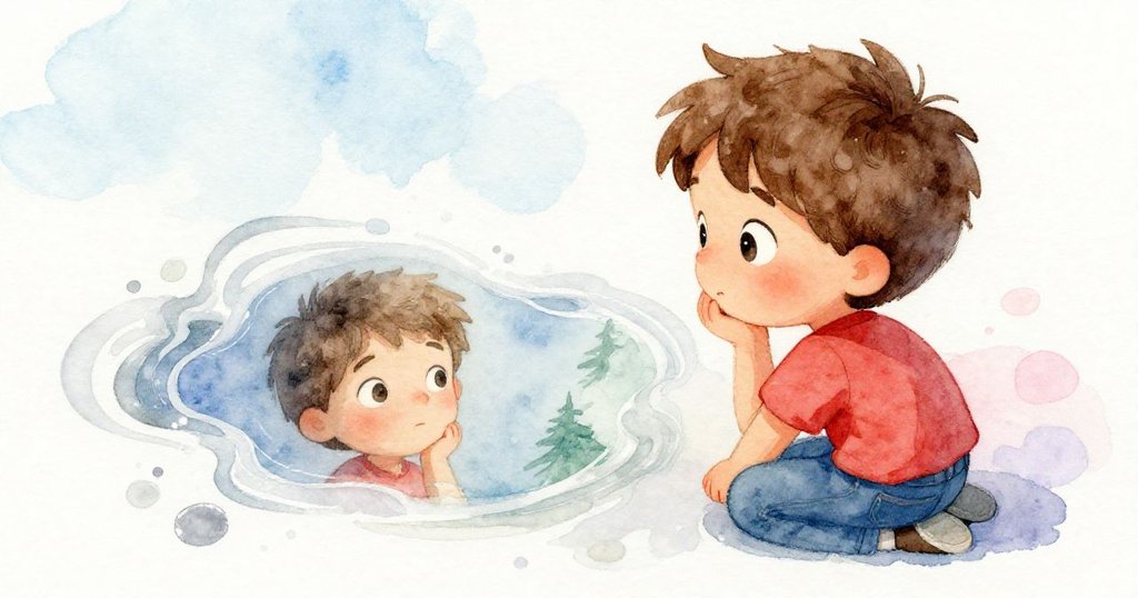 Hugo凝視著濕潤地板上混合著咖啡與墨水的光影,反映出他的疑惑神情與細膩紋理,情景充滿藝術氣息。