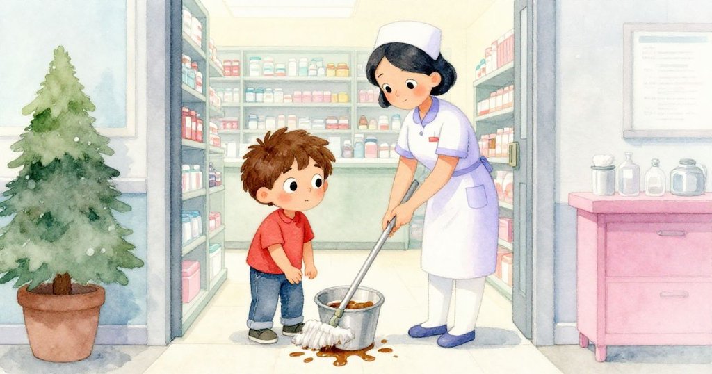 護士從走廊溫柔現身,推著拖把桶攔截外溢液體,Hugo站旁關注觀察,過渡空間中流露出溫暖光輝。