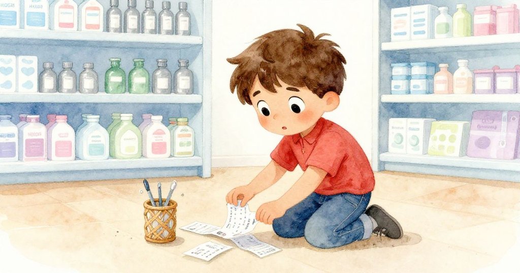 Hugo急忙跪在溫暖地板上撿取濕透的票,周圍散落表格和編織筆架映襯出他堅定而焦急的神情。