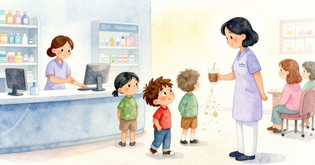 護士穩固控制溢出的液體後,Hugo滿懷釋然重返隊伍,藥局大廳恢復寧靜溫馨,眾人互動中洋溢希望。