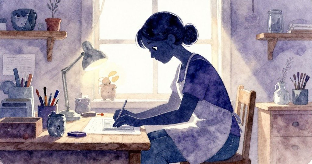 維拉在明亮窗戶前工作，剪影清晰展示開始專注創作，工作台上隱約見測量線，溫馨工作室內光影交錯。